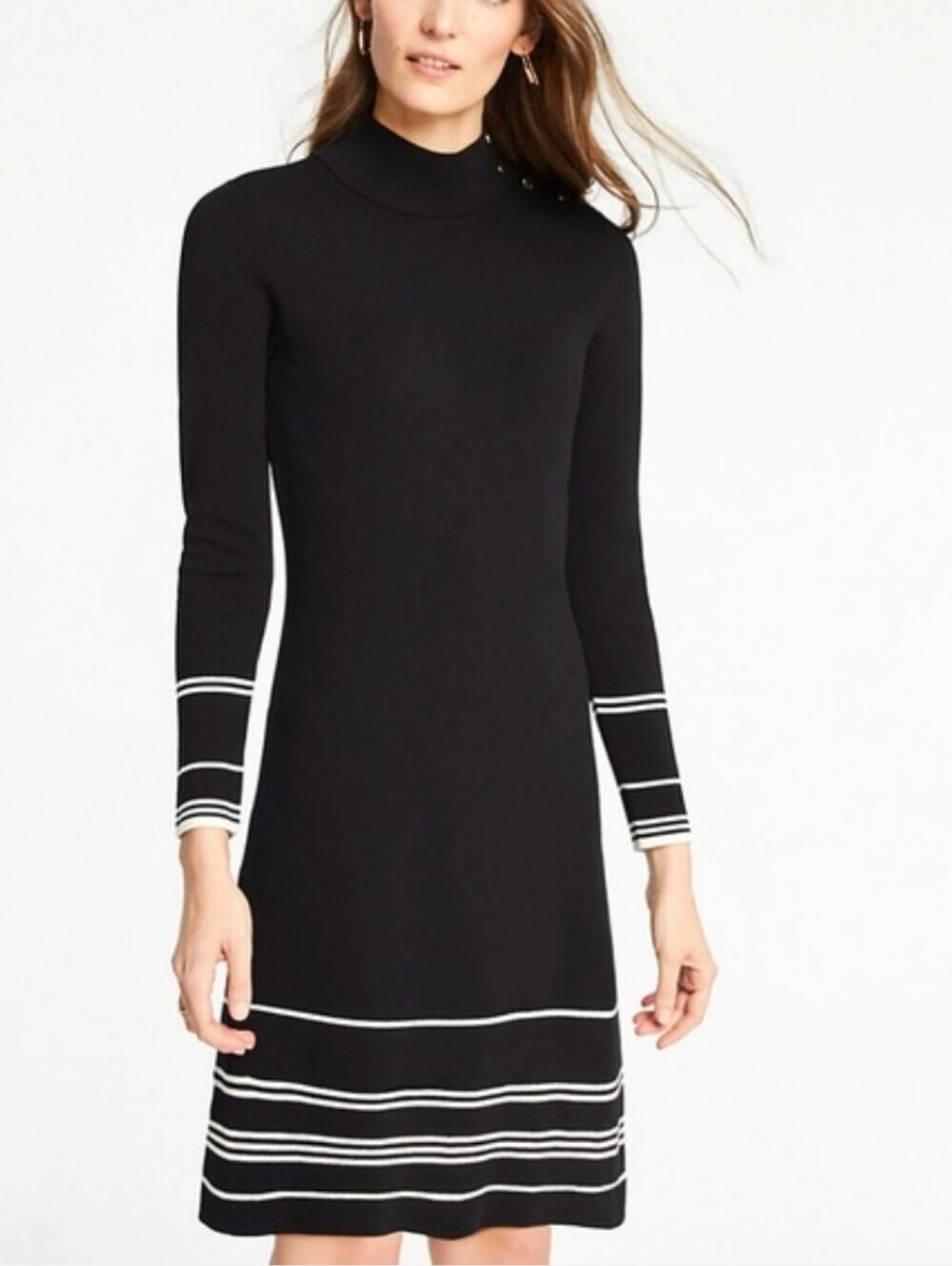 Ann Taylor Mock Neck Black White Stripes Sweater Dress w Gold Buttons Sz L EUC
